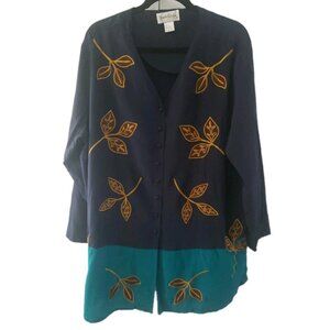 Diane Von Furstenberg Vintage Top Blouse Silk  Embroidered Blue Lagenlook M DVF